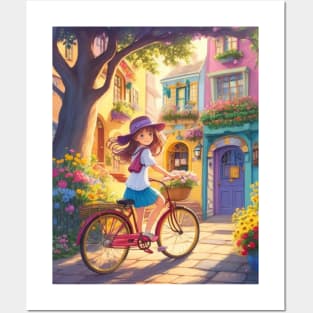 A cute girl explores a lively street on her bicycle. Posters and Art